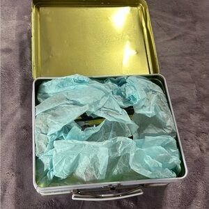 Vintage White Metal Tin with Gold Interior and Light Blue Tissue